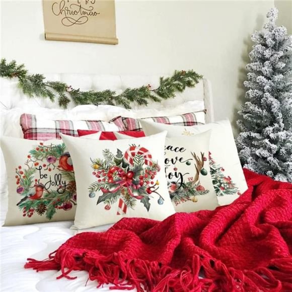 s-l400.jpg 4Pcs Christmas Throw Pillow Covers Cotton |  Linen Christmas Decor | 18x18 Inch